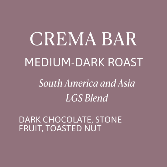 Text description of Crema Bar coffee blend on a brown background