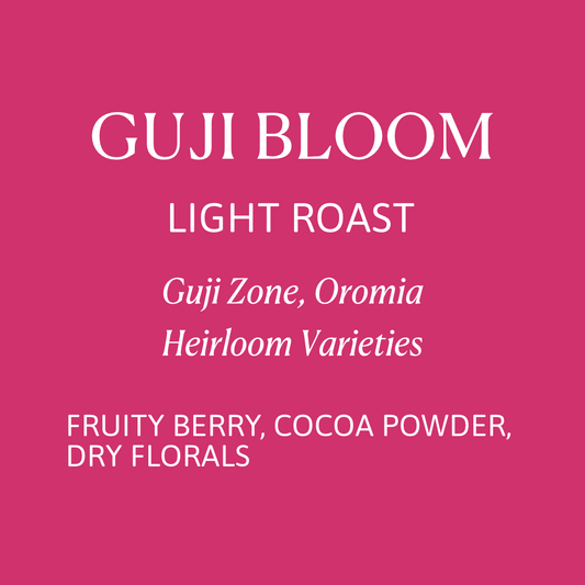 Guji Bloom coffee label with roast details on a pink background