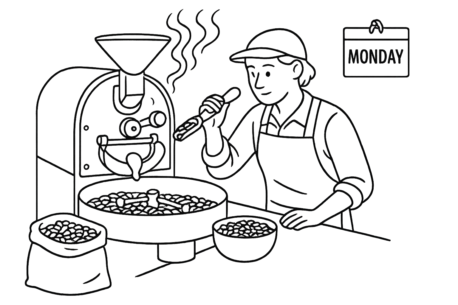 Black and white line drawing with transparent background depicting a coffee roaster roasting coffee on Monday.
