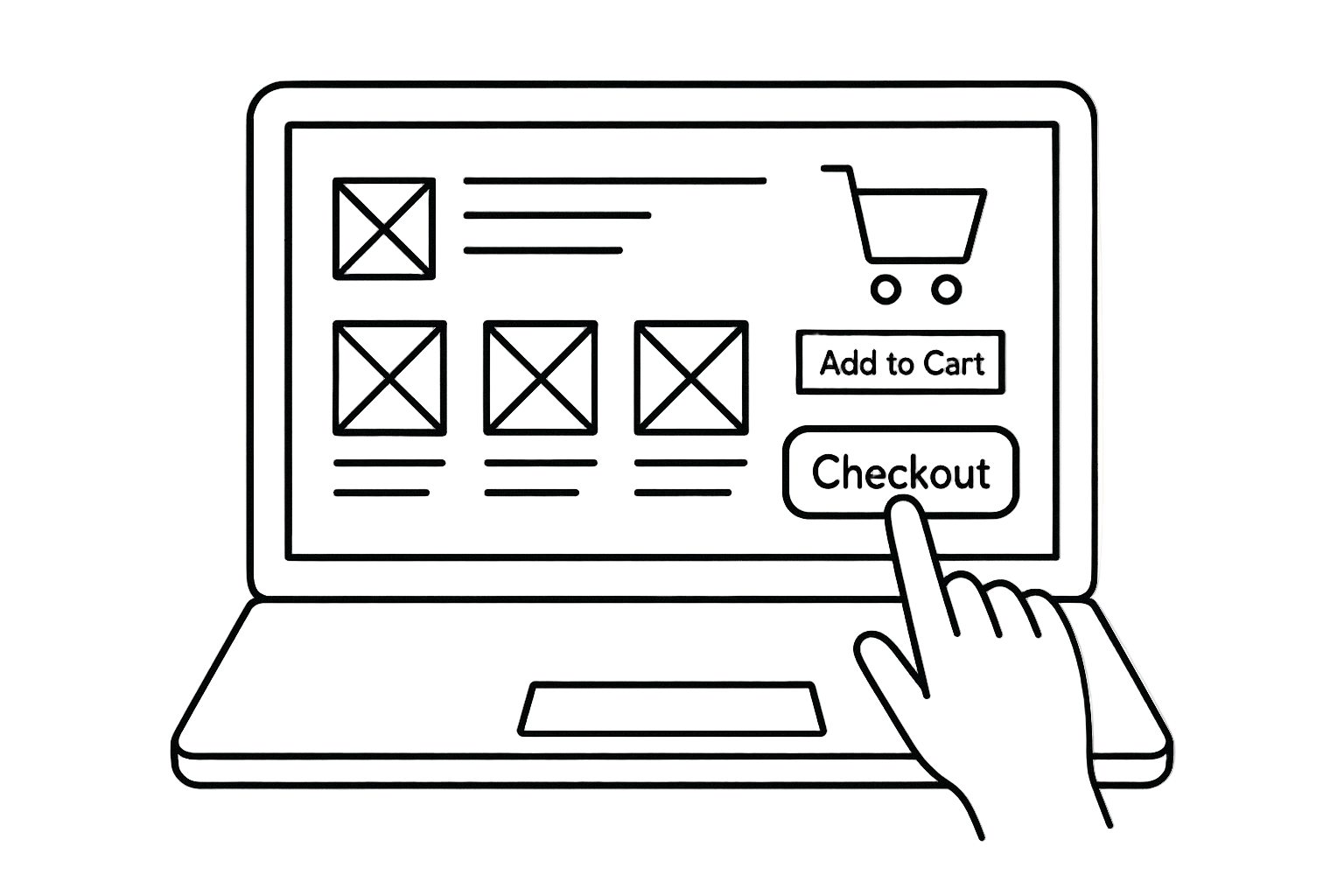 Black and white line image of placing an order on a website