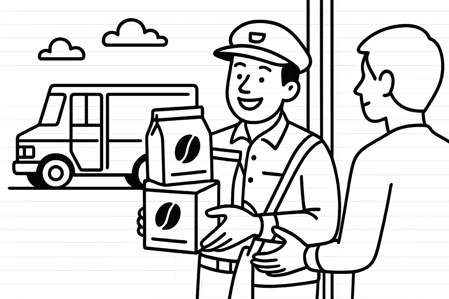 Black and white line image with transparent background depicting bags of coffee shipped to the customer via postal carrier.